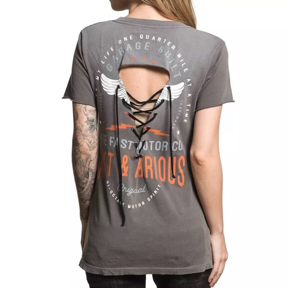 AFFLICTION Women's T-Shirt S/S MOTOR PARTS Tee Bik - Picture 7 of 11